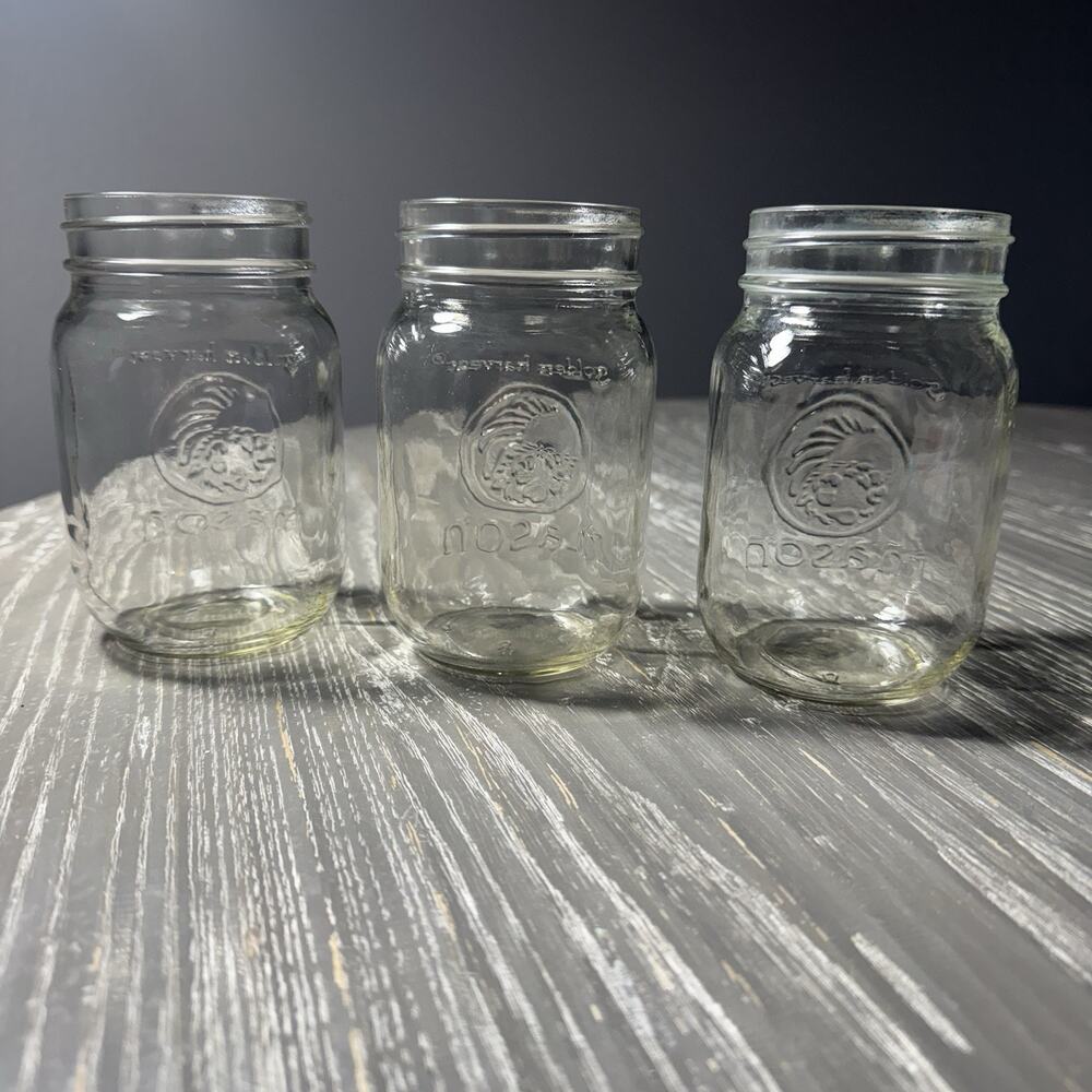 Golden Harvest Mason Canning Jar Clear Glass Cornucopia Vintage Wide Mouth Jam